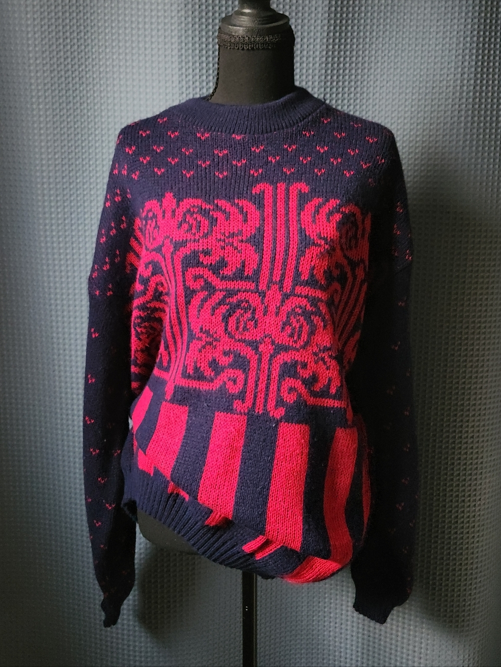 Navy and Bright Pink/Red Patterned Sweater